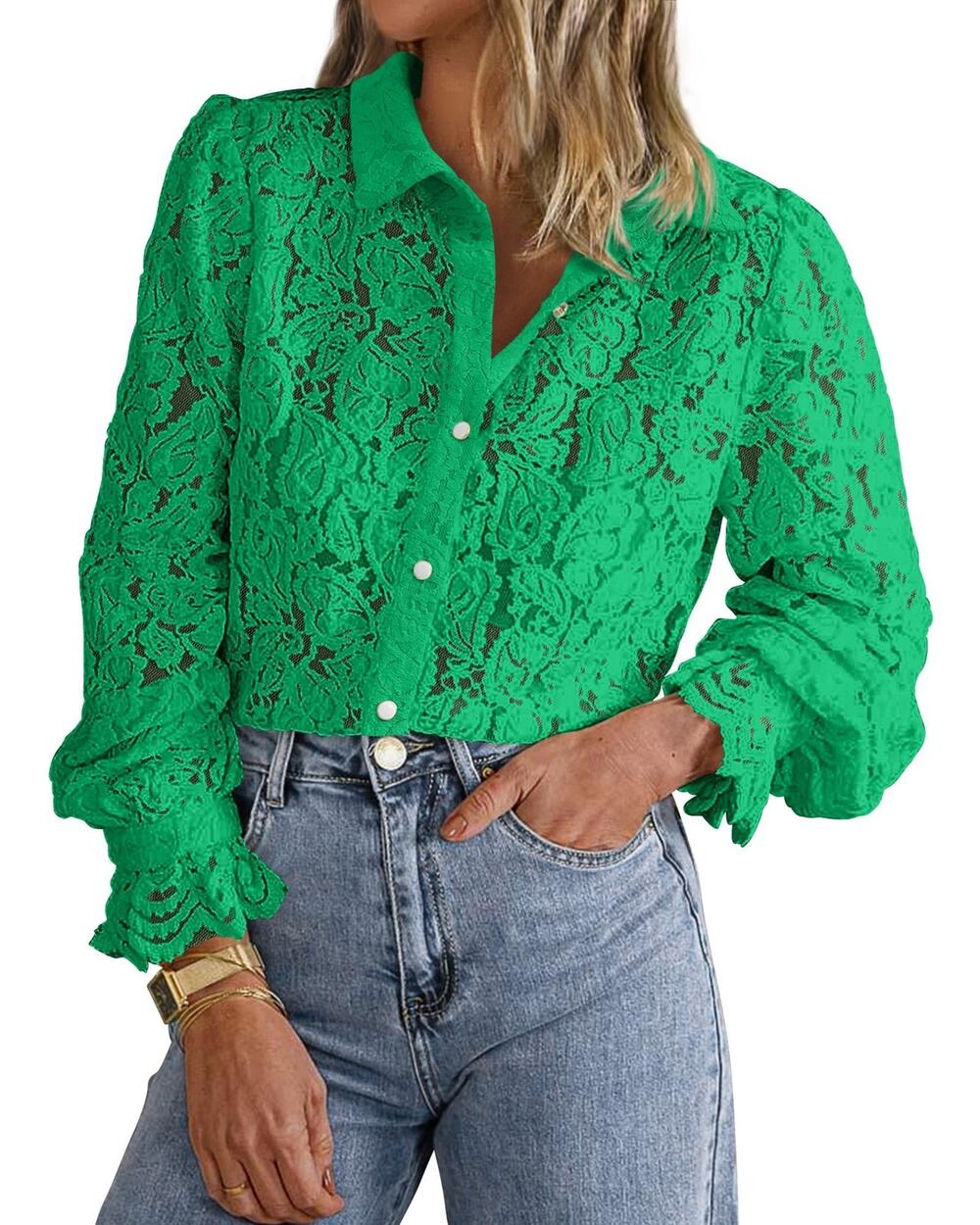 BTFBM Womens Lace Blouse XL Green Ruffle Cuff Button Down Shirt